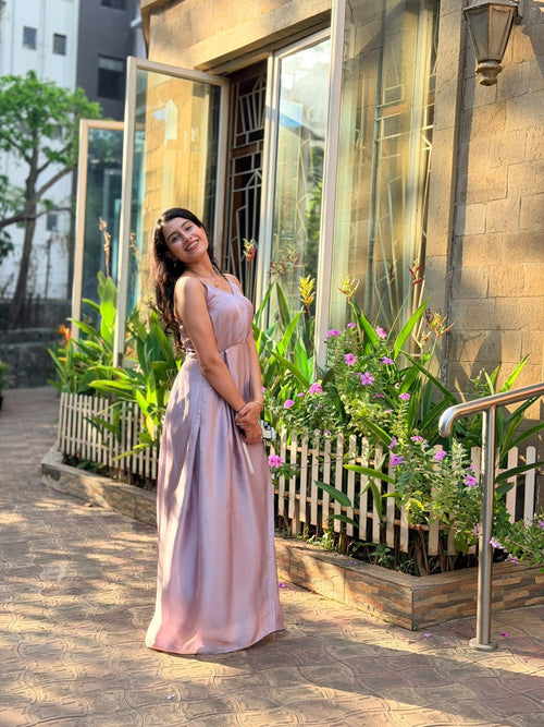 Taara lilac satin slip maxi dress, side view