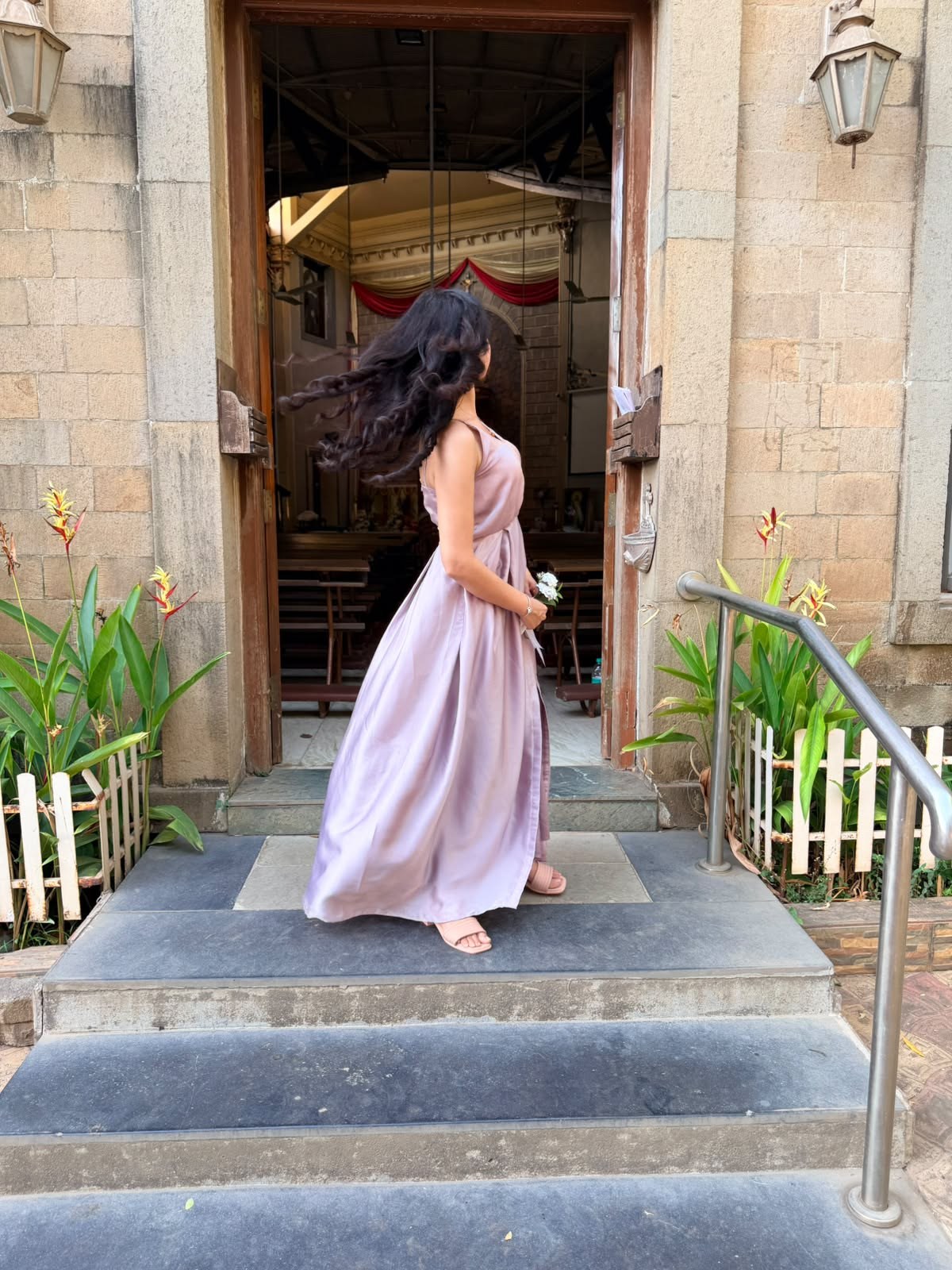 Taara lilac satin slip maxi dress, back view showing the pleated skirt