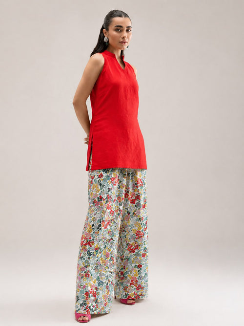 Taara red sleeveless kurti with multicolour floral palazzo set