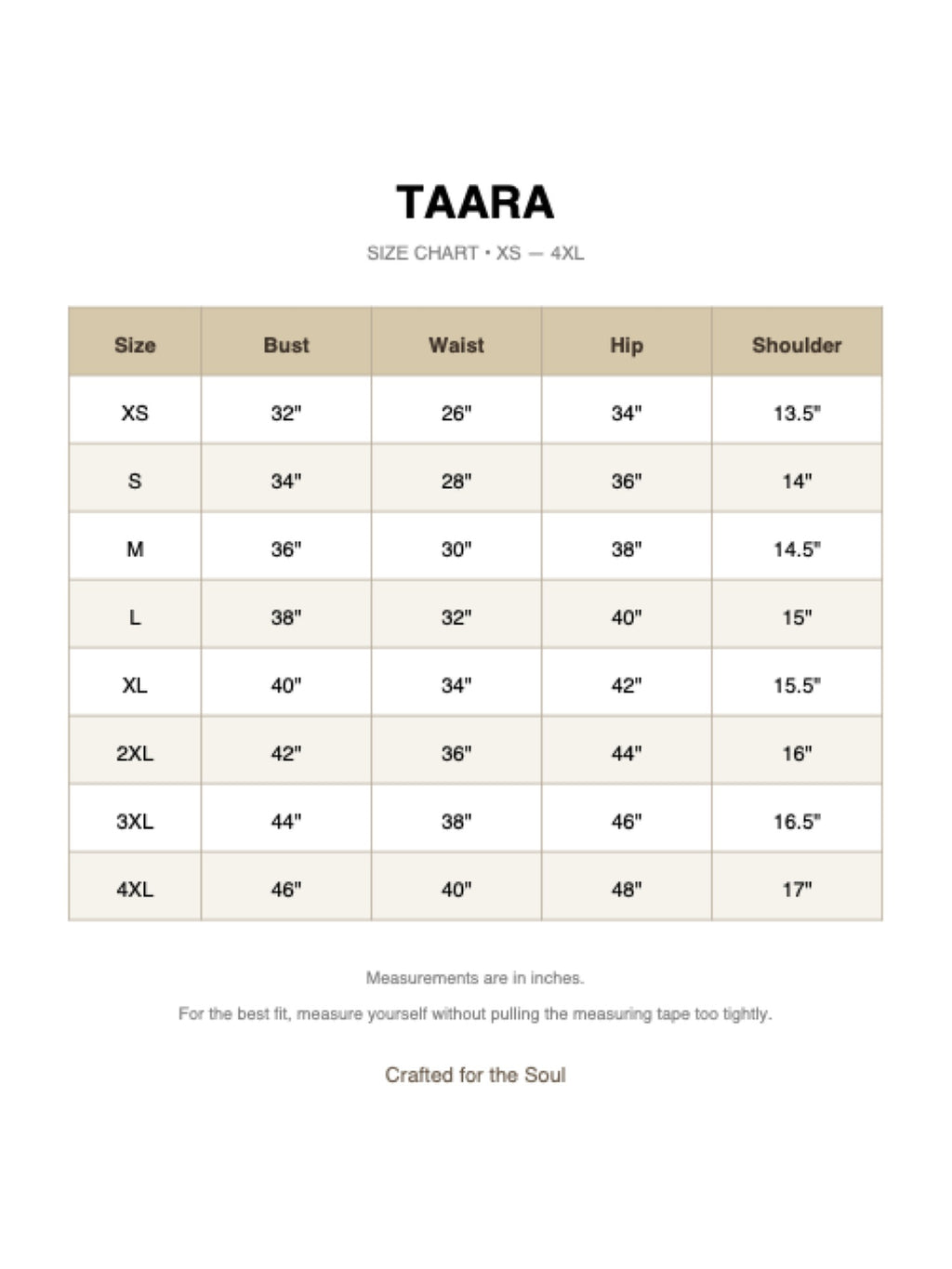 Taara size chart, XS to 4XL, measurements in inches
