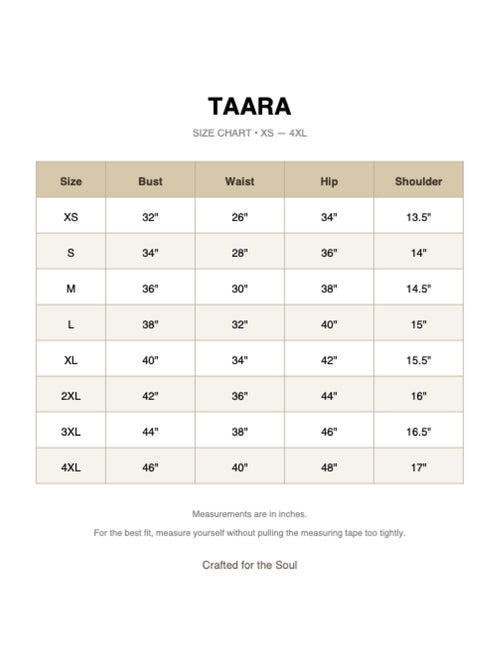 Taara size chart, XS to 4XL, measurements in inches