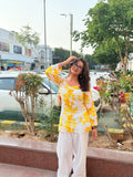 Taara Sandhya yellow floral kurti with white palazzo, full outfit